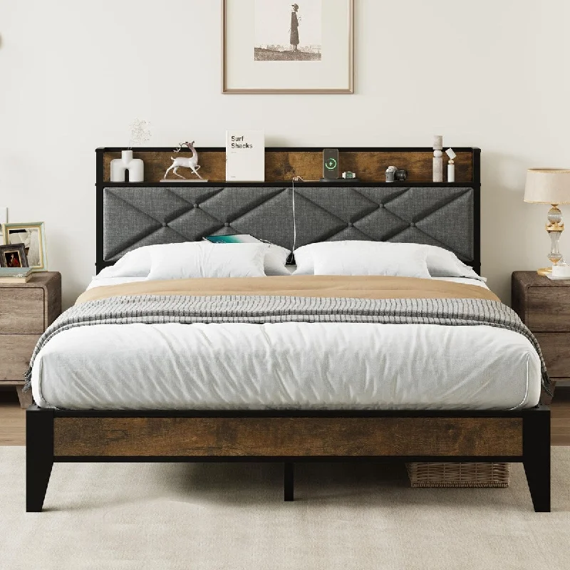 Bed Frame with Storage Headboard and Charging Station