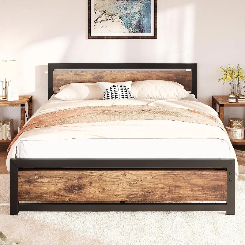 Bed Frame with Wooden Headboard Heavy Duty Metal Platform