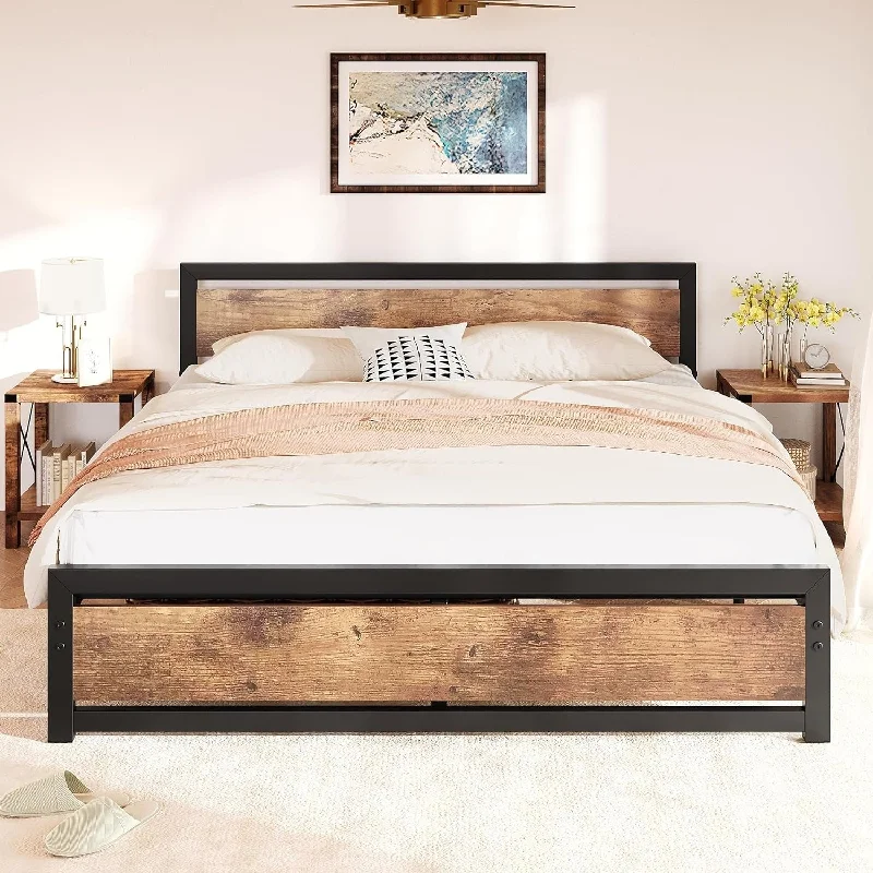 Bed Frame with Wooden Headboard Industrial Metal Bedframe