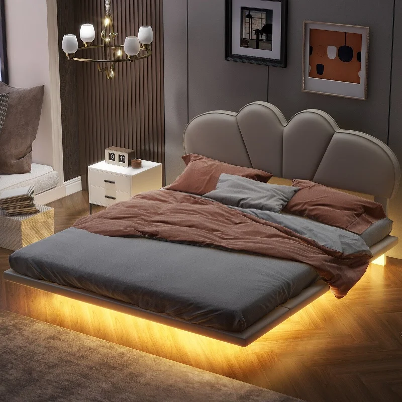 Beige Full Size/ Upholstery LED Floating Bed with PU Leather Headboard and Support Legs, /Green