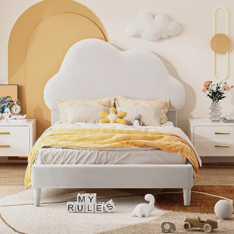 Beige Kids Velvet Upholstered Bed Twin Size Platform Bed Frame with Cloud Shaped Headboard and Footboard, No Box Spring Needed