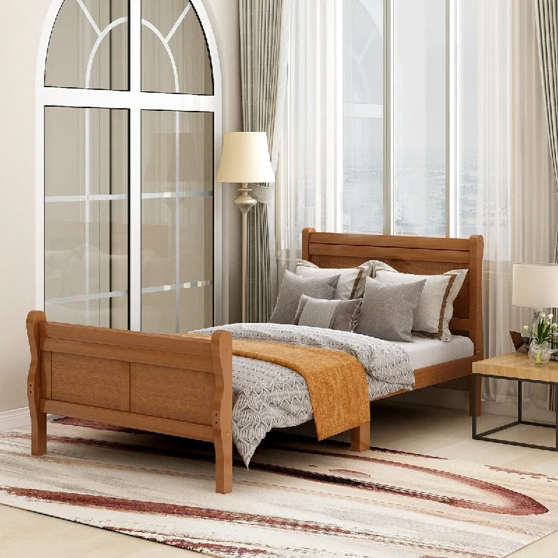 Beige Twin SizeSolid Wood Platform Bed Frame with Sleigh Headboard & Footboard - Minimalist Design