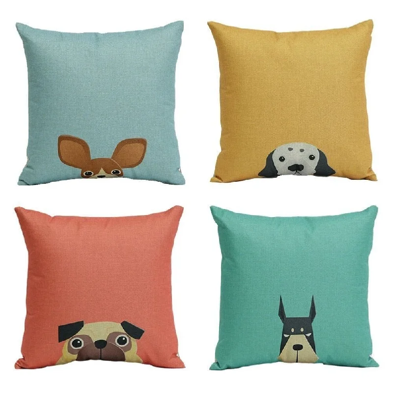 Cotton Linen Pillow Case Cartoon Dog 18 x 18 Set of 4 - Brown/Yellow