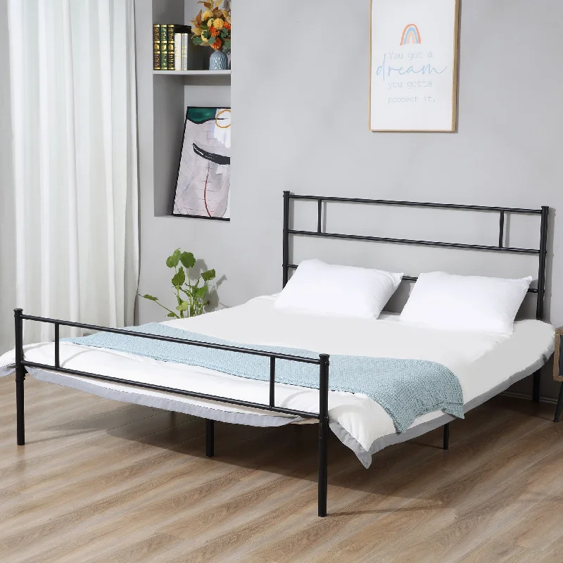 Double Metal Bed Frame Solid Bedstead Base with Headboard and Footboard, Metal Slat Support and Underbed Storage Space, Bedroom Furniture &