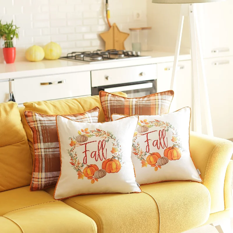 Fall Thanksgiving Decorative Throw Pillow Plaid & Pumpkins Set of 4