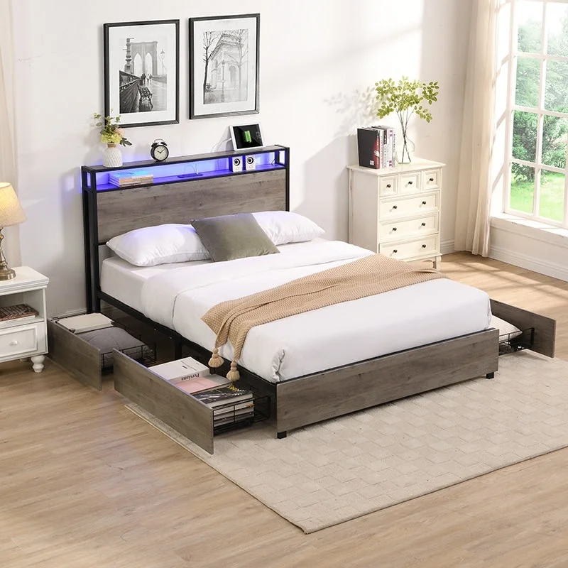 Full Bed Frame Storage Headboard With Charging Station