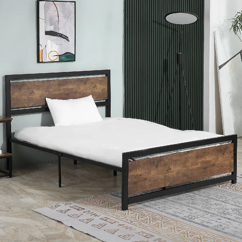 Double Bed Frame with Headboard & Footboard, Strong Slat Support Twin Size Metal Bed w/ Underbed Storage Space, No Box Spring Needed, 144x195x103cm Headboard, Needed