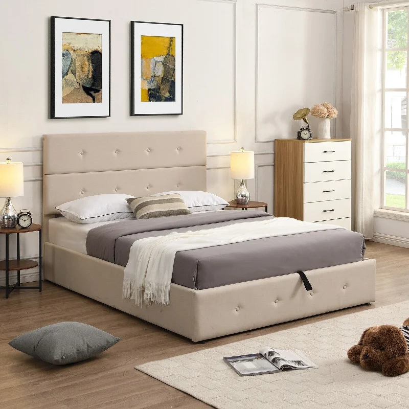 Full Platform Bed Upholstered w/ Underneath Storage, Modern Linen w/ Headboard and Wooden Slat Support, Space Saving Bed, Beige