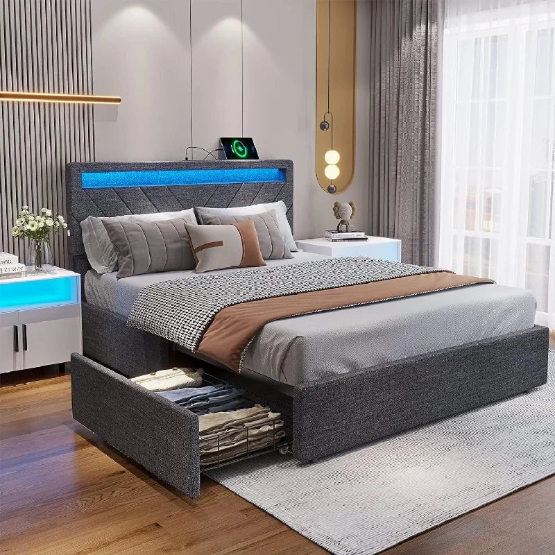 Full Size LED Bed Frame with Headboard 4 Drawer USB Charging Station