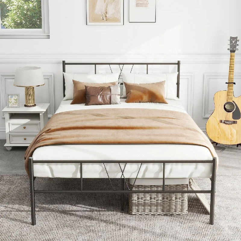 Full Size Metal Bed Frame with Headboard Platform Bed / Heavy Duty/ Solid Metal Slat / No Box Spring Needed, Twin Bed Frame