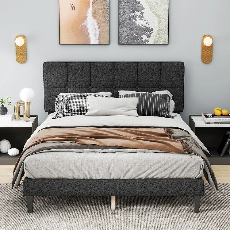 Full Size Platform Bed Frame with Fabric Upholstered Headboard and Wooden Slats Support, No Box Spring Needed/Easy Assembly