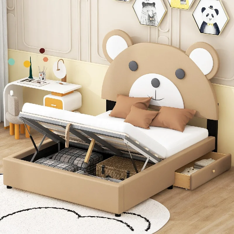 Full Size PU Leather Upholstery Platform Bed Frame with Cute Bear Shaped Headboard and 2 Storage Drawers, Solid Wood Bed Frame