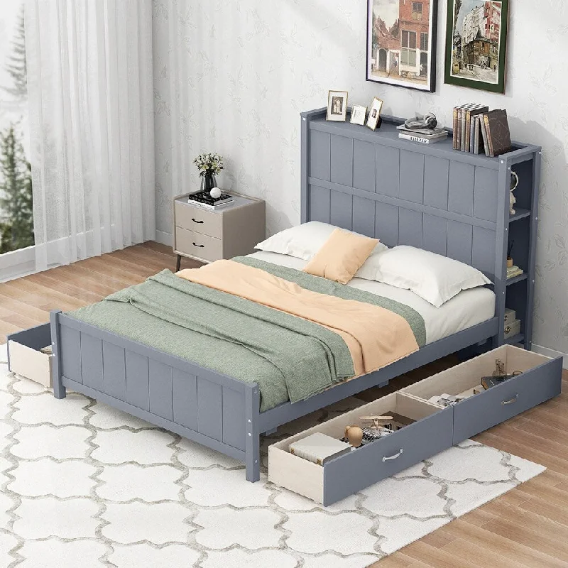 Full Storage Headboard Bed w/ 4 Drawers, Wood Platform Bed/ Space Saving Bed/ Grounded Trundle Bed for Small Living Spaces, Gray