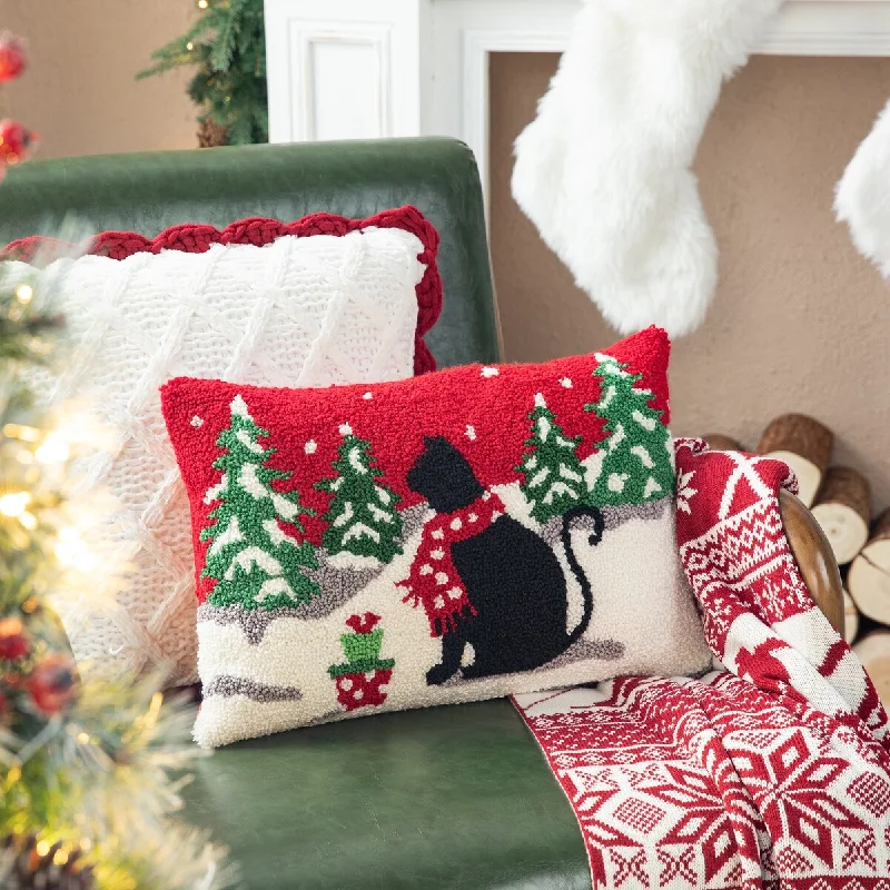 Glitzhome 18"L x 12"H Hooked Christmas Cat Dog Pillow Cushion for Xmas Sofa Couch Living Room Office Decor