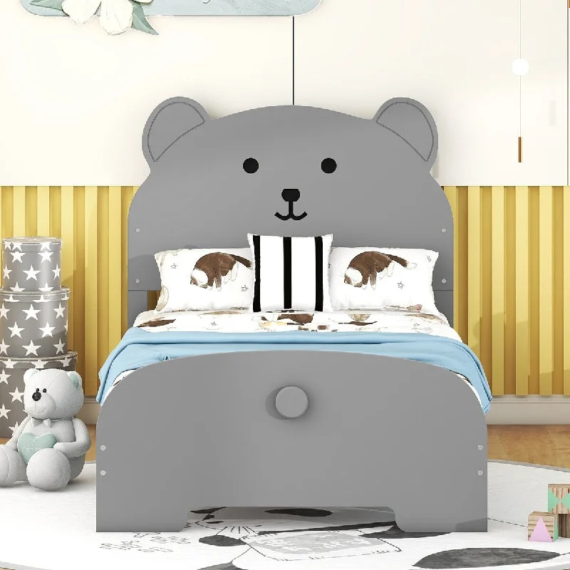 Gray Twin Size Bear-shaped Platform Bed with Bear-shaped Headboard and Footboard, Strong Pine Wood Frame, Easy Assembly