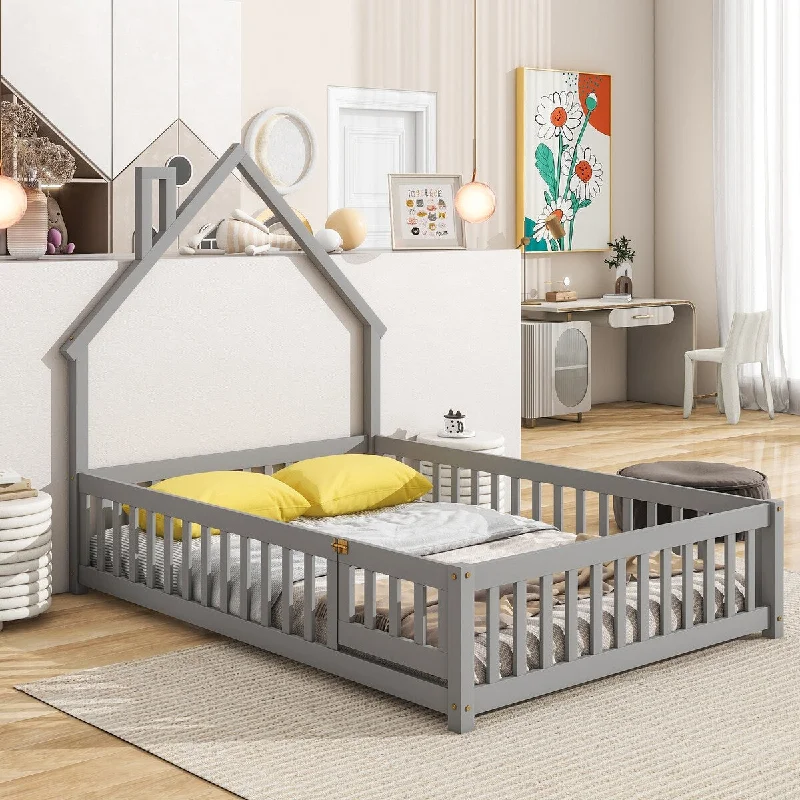 Grey Full Size Floor Bed with House Headboard and Fence