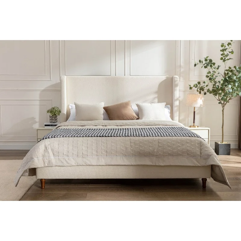 Ivory Tall Headboard Upholstered Bed No Box Spring Needed Easy Assembly ,King