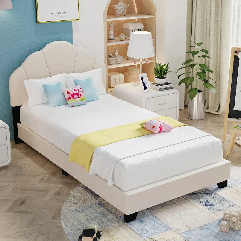 Kids Twin Platform Bed Frame wFlower Headboard Upholstered Bed, Beige