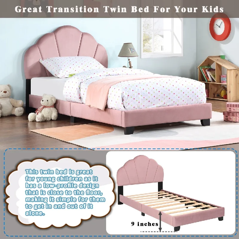 Kids Twin Platform Bed Frame wFlower Headboard Upholstered Bed, Pink