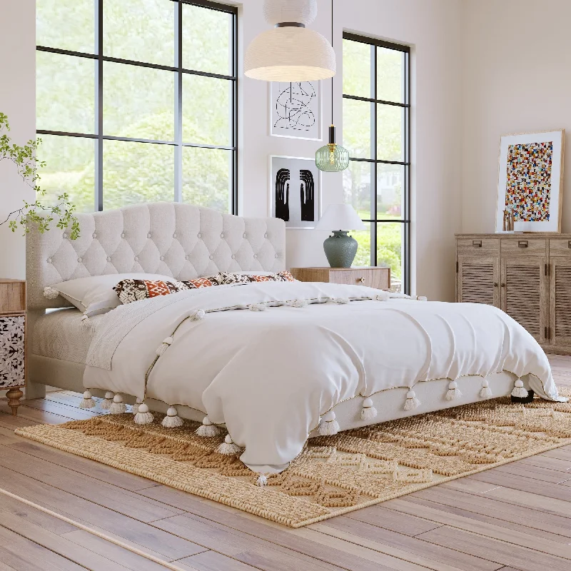 King Size Platform Bed, Upholstered Bed Frame with Saddle Curved Headboard & Diamond Tufted Details, No Box Spring Needed