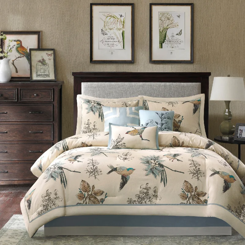 Madison Park Pierce Printed Bird Pattern Cotton Twill 7-piece Comforter Set