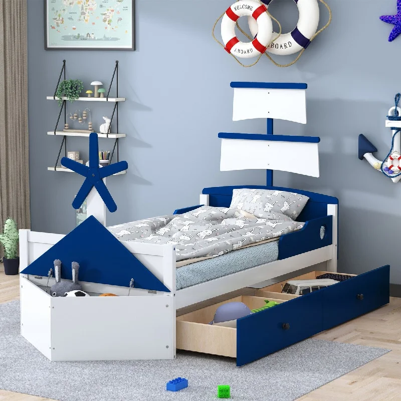 Ocean Theme Kids Platform Bed Boat-Shaped Bed with Headboard & Footboard, 2 Storage Drawers, No Box Spring Needed Twin Size Blue