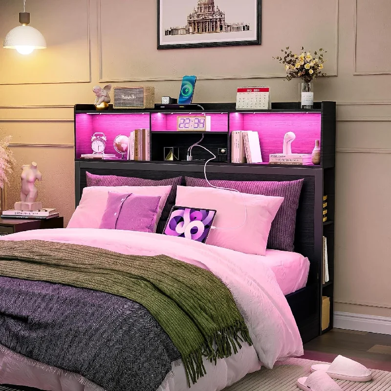 PAKASEPT Queen Headboard Only for Bedroom, Stylish Bookcase Headboard with Charging Station & LED Lights