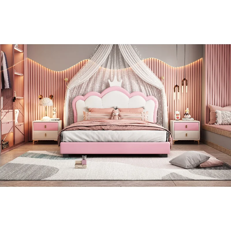 Pink Full Size+Pink Upholstered Platform Bed with Crown Headboard and Footboard