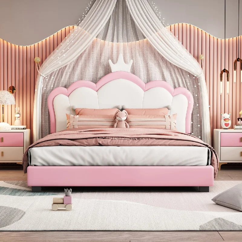 Pink Full Size Upholstered Platform Bed with Crown Headboard and Footboard - and Pink