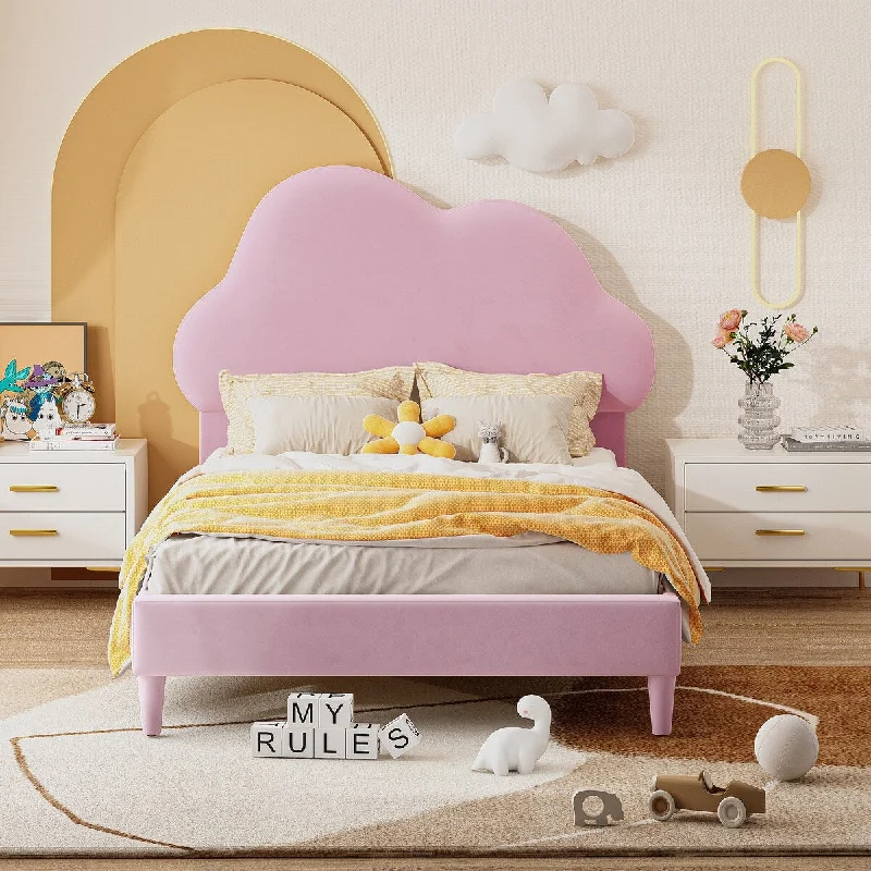 Pink Kids Velvet Upholstered Bed Twin Size Platform Bed Frame with Cloud Shaped Headboard and Footboard, No Box Spring Needed