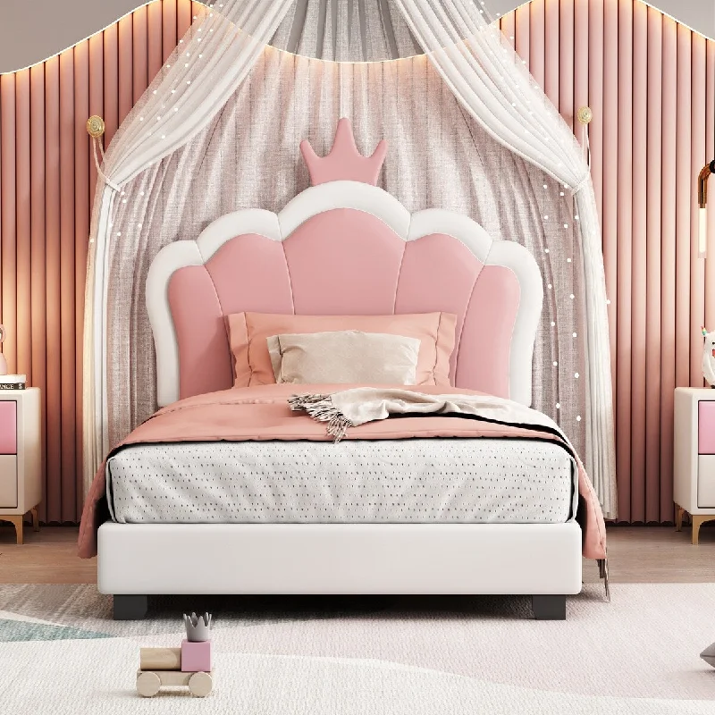 Pink Twin Size+Pink Upholstered Platform Bed, with Crown Princess Headboard and Footboard