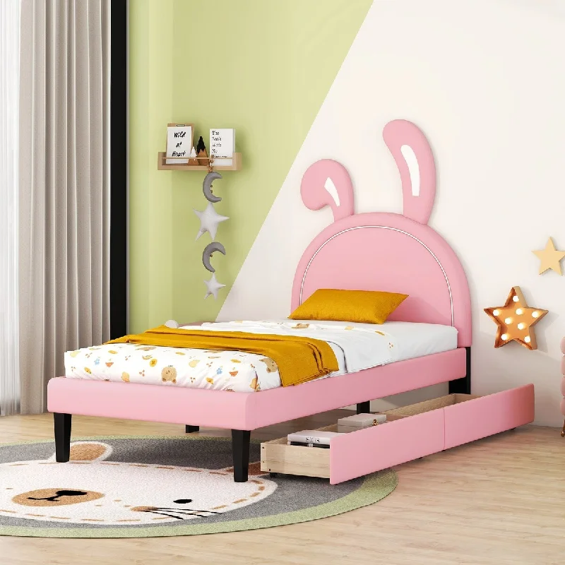 Pink Twin Size/ Upholstered Platform Bed with Elegant Headboard Ornament and Two Handy Drawers