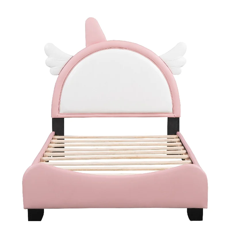 Pink Twin SizeCute Upholstered Platform Bed with Unicorn Shape Headboard and Footboard, +Pink