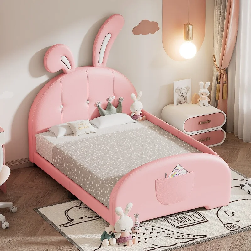 Pink Twin SizePink Upholstered Platform Bed with Rabbit-Shaped Headboard and Footboard