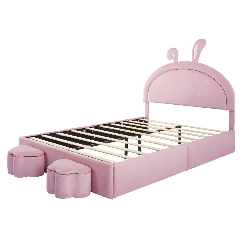 Pink Twin Upholstered Platform Bed wRabbit Ear Shaped Headboard Bed