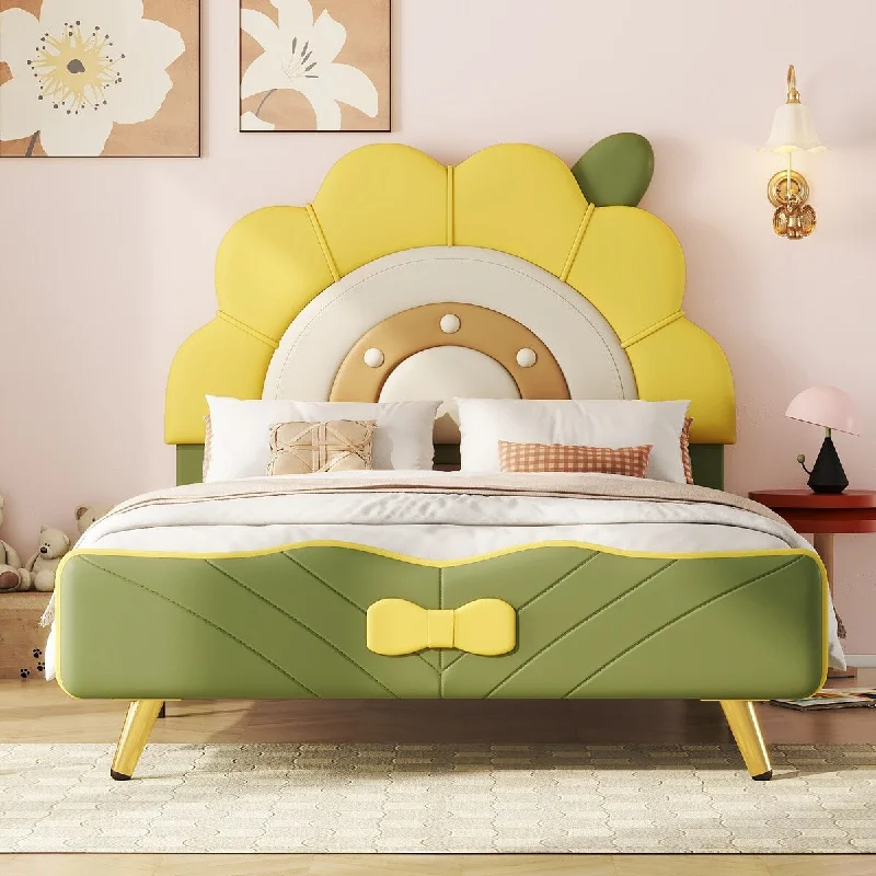 PU Leather Cute Platform Bed Frame with Sunflower-Shaped Headboard for Kids, Boys, Girls, Solid Wood Slats Support