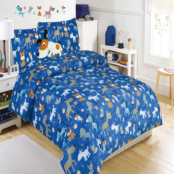 Puppy Play Blue Comforter Set with Decorative Pillow