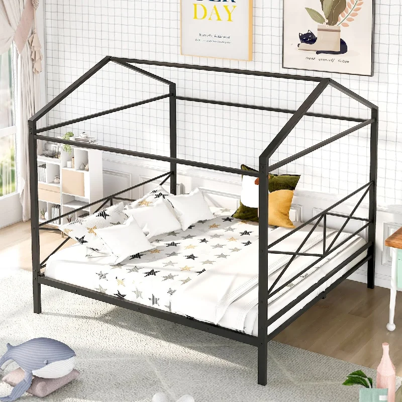 Queen Size Metal House Shape Platform Bed, Metal House Platform Bed Frame with Headboard & Footboard for Kids Teens, Boys Girls