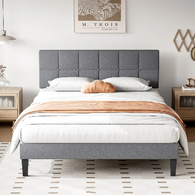 Queen Size Platform Bed Frame with Fabric Upholstered Headboard and Wooden Slats Support, No Box Spring Needed/Easy Assembly