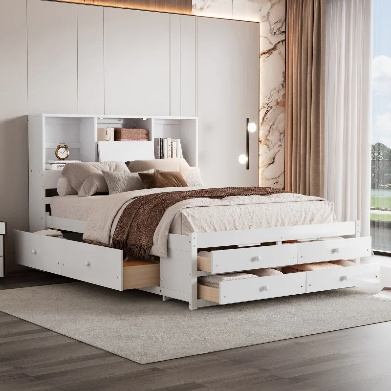 Queen Size Platform Bed with Storage Headboard & 8 Drawers - White