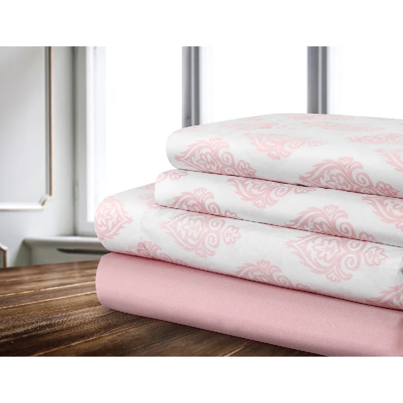 Sheet Sets 4PC D Printed Microfiber Damask Solid Pink