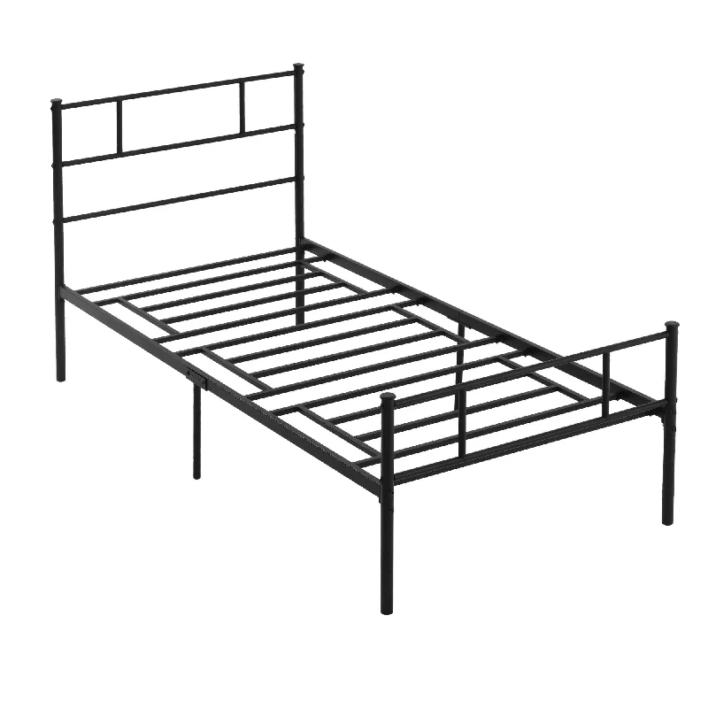 Single Metal Bed Frame Solid Bedstead Base with Headboard and Footboard, Metal Slat Support and Underbed Storage Space, Bedroom Furniture w/ Space