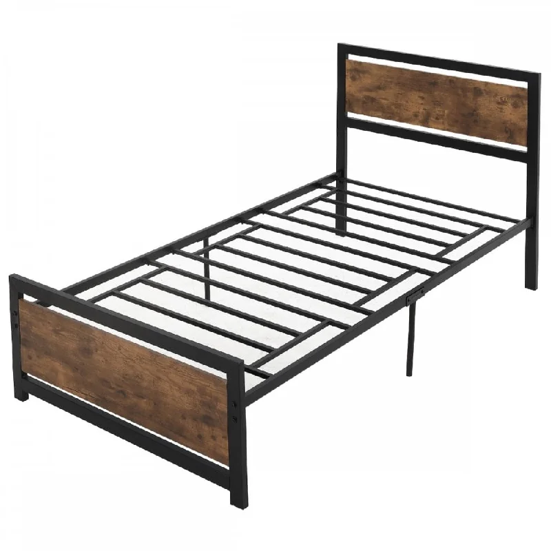 Single Metal Bed Frame with Headboard & Footboard, Strong Slat Support Solid Bedstead Base w/ Underbed Storage Space, No Box Spring Needed,