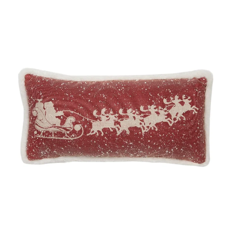 Snow Scene Printed Santa's Sleigh and Reindeer with Faux Fur Trim Christmas Pillow , 10 by 20-Inch