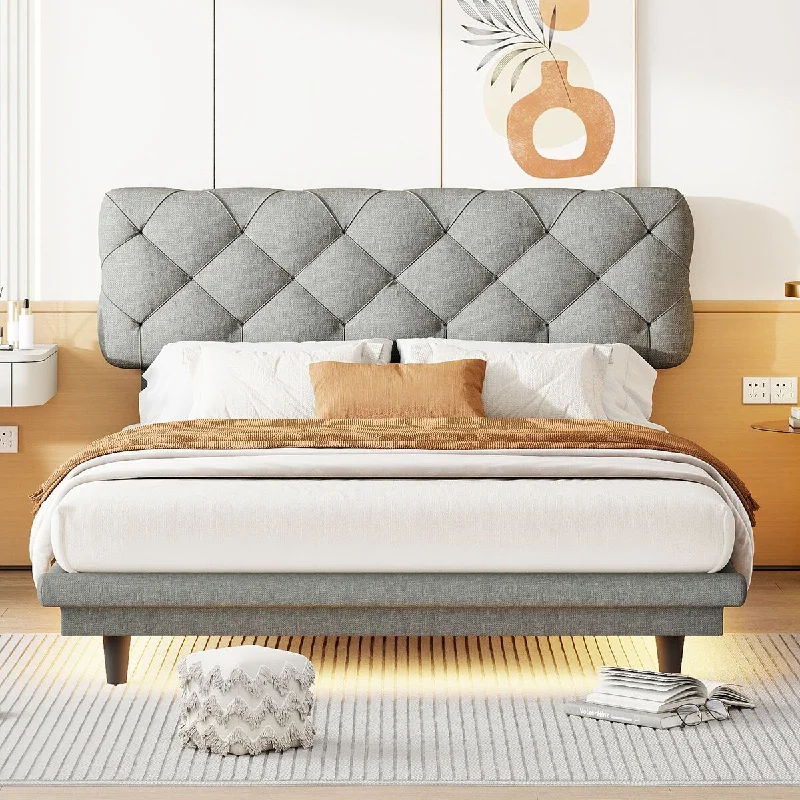 Stitched Button Tufted Design Platform Bed Grey Full Size Linen Upholstered Bed with Button Headboard and Light Stripe