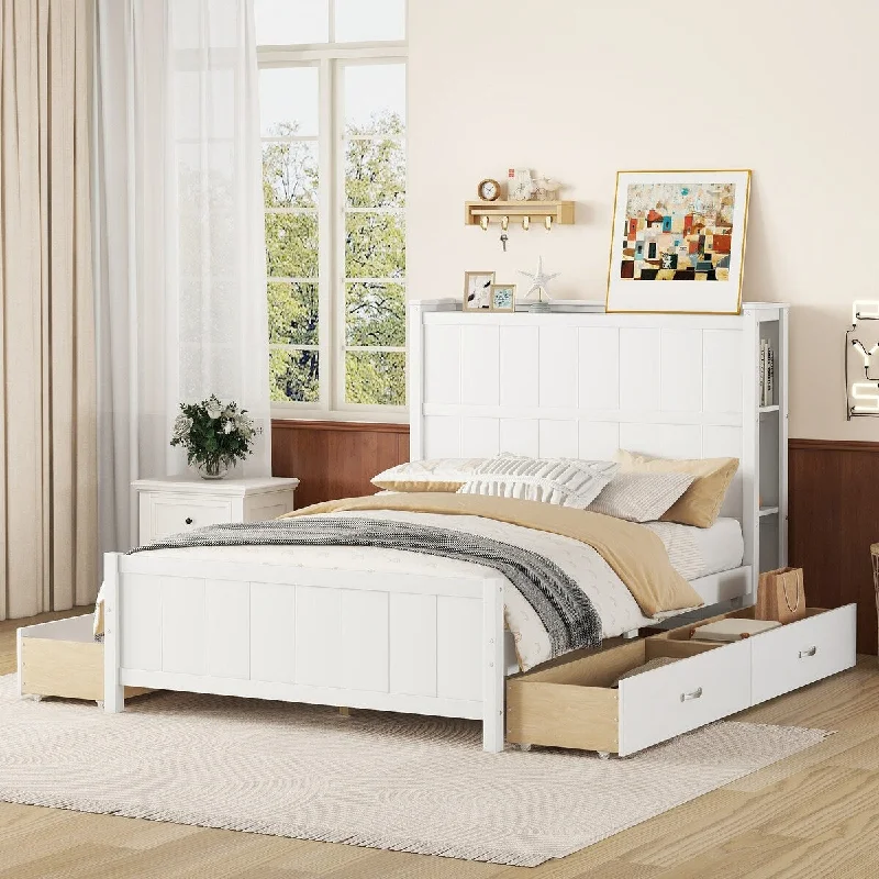 Storage Headboard Bed w/ 4 Drawers, Full Platform Bed/ Space Saving Bed/ Grounded Trundle Bed for Small Living Spaces, White