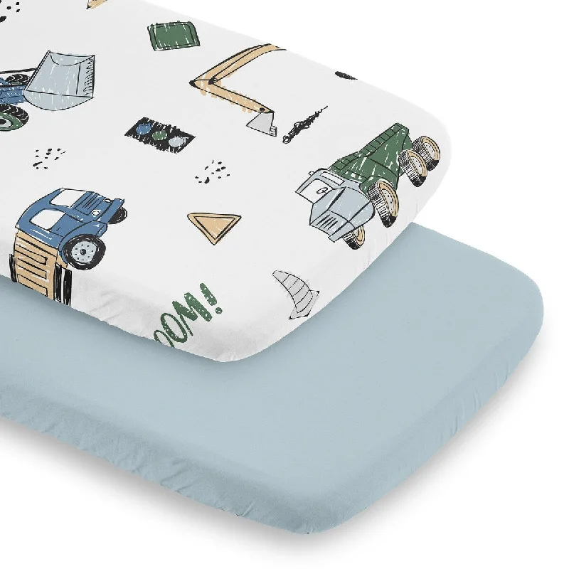 Sweet Jojo Designs Construction Truck Boy 2 Pack Baby Bassinet Fitted Sheets Blue Grey Green Transportation Zone Vehicles Crane