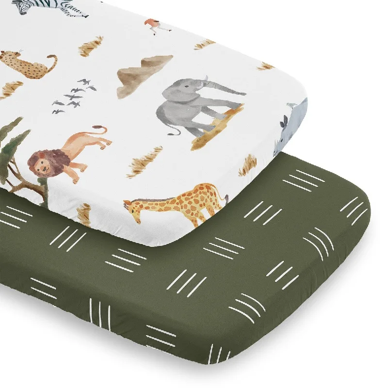 Sweet Jojo Designs Jungle Animals Boy Girl Gender Neutral 2 Pack Baby Bassinet Fitted Sheets Boho Safari Animal Elephant Giraffe