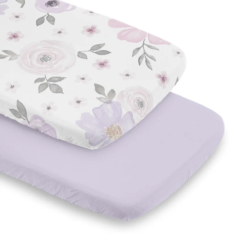 Sweet Jojo Designs Purple Boho Floral Girl 2 Pack Baby Bassinet Fitted Sheets Lavender Pink Bohemian Shabby Watercolor Farmhouse