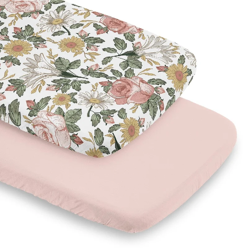 Sweet Jojo Designs Vintage Floral Boho Girl 2 Pack Baby Bassinet Fitted Sheets Pink Yellow Bohemian Shabby Chic Farmhouse Green